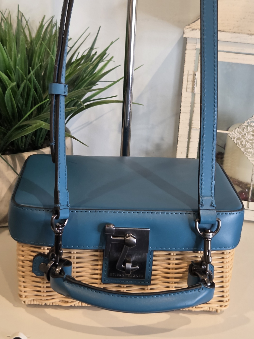 Etienne Aigner Charlotte Teal Blue Leather Wicker Box Crossbody Bag Like New